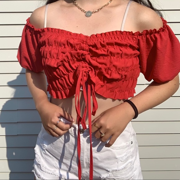 Red Cinched Off the Shoulder Blouse Crop Top - Picture 2 of 5